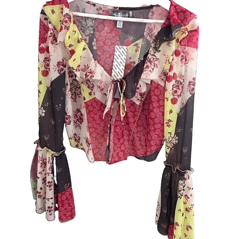 NWT Urban Outfitters Bell Sleeve Top Patchwork Boho Festival Size L Floral